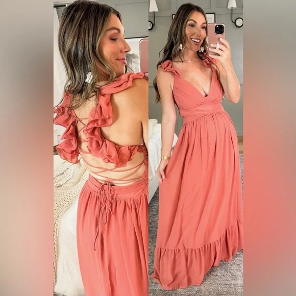 Lulu’s Large Soiree Celebration Rusty Rose Ruffled Lace-Up Maxi Dress - Picture 7 of 11
